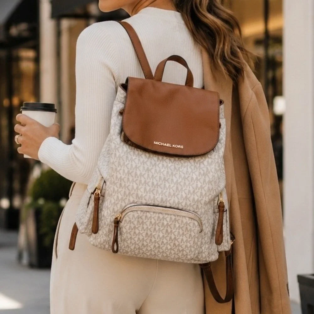 Michael Kors Abbey Vanilla Signature Logo Medium Backpack 35T9GAYB7B Gold Tone